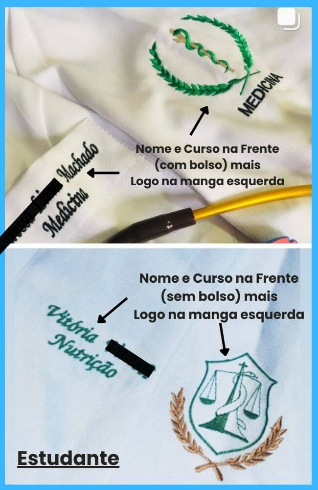 Jaleco de Estudante Masculino a maioria dos alunos faz assim com nome na frente e curso colocando com bolso ou sem bolso e a logo símbolo do curso na manga esquerda